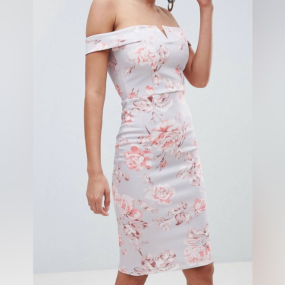 Misguided bardot floral pencil midi dress